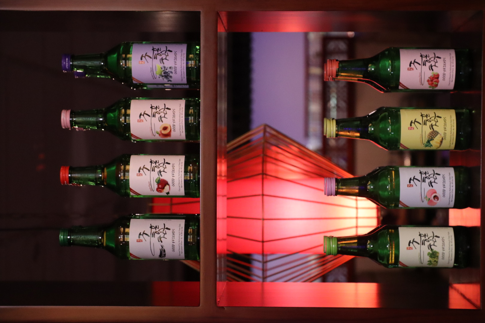 Fruit-flavored Korean soju bottles in the LaMeiZi dining room