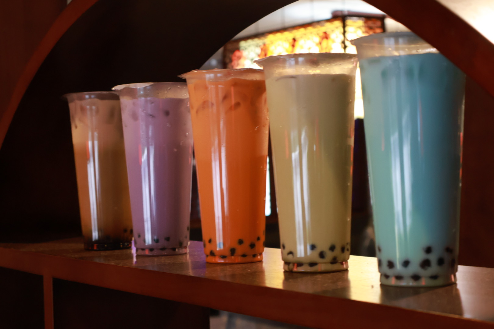 Colorful bubble tea drinks displayed at LaMeiZi